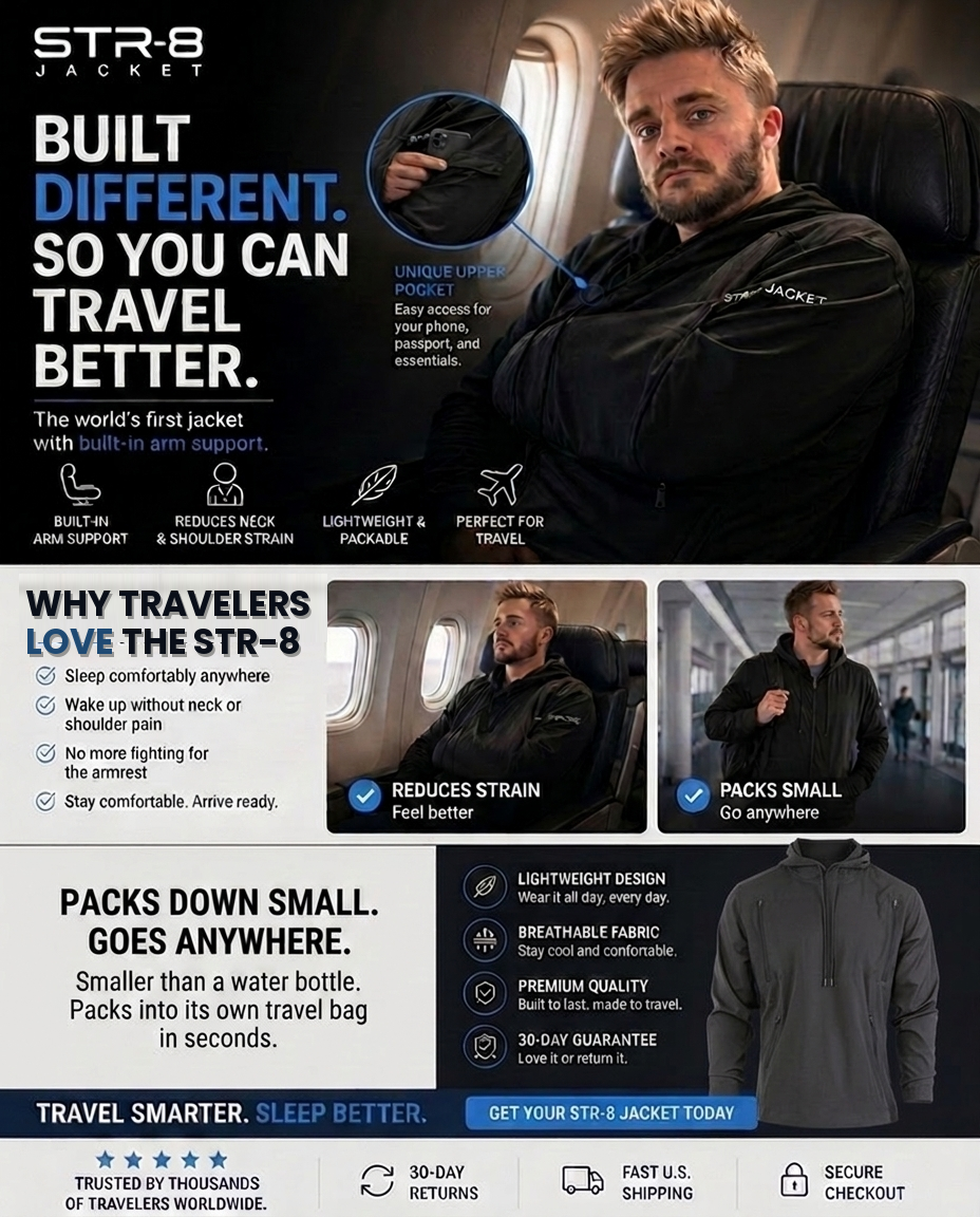 STR-8 Jacket infographic: built-in arm support, reduces neck and shoulder strain, lightweight and packable, 30-day guarantee
