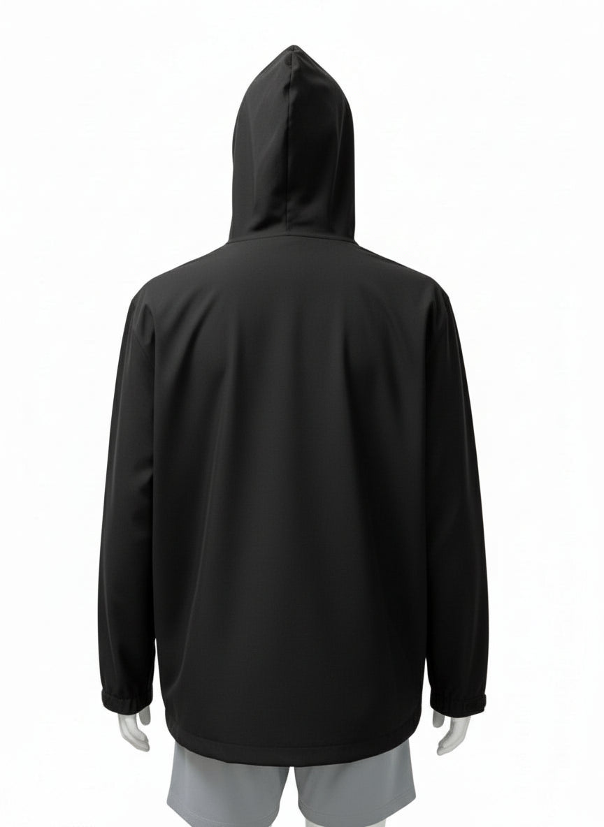Black hooded jacket on a white background