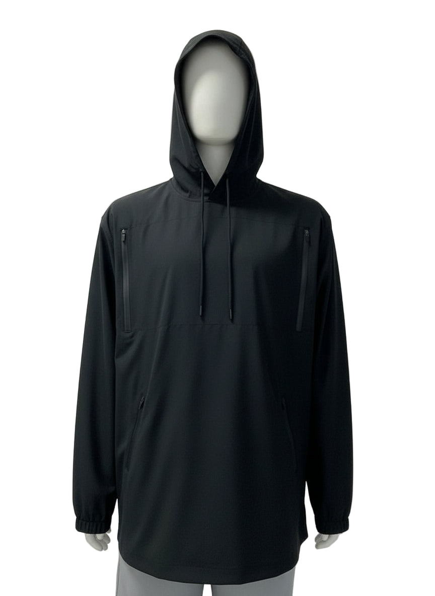 Black hooded jacket on a mannequin against a white background