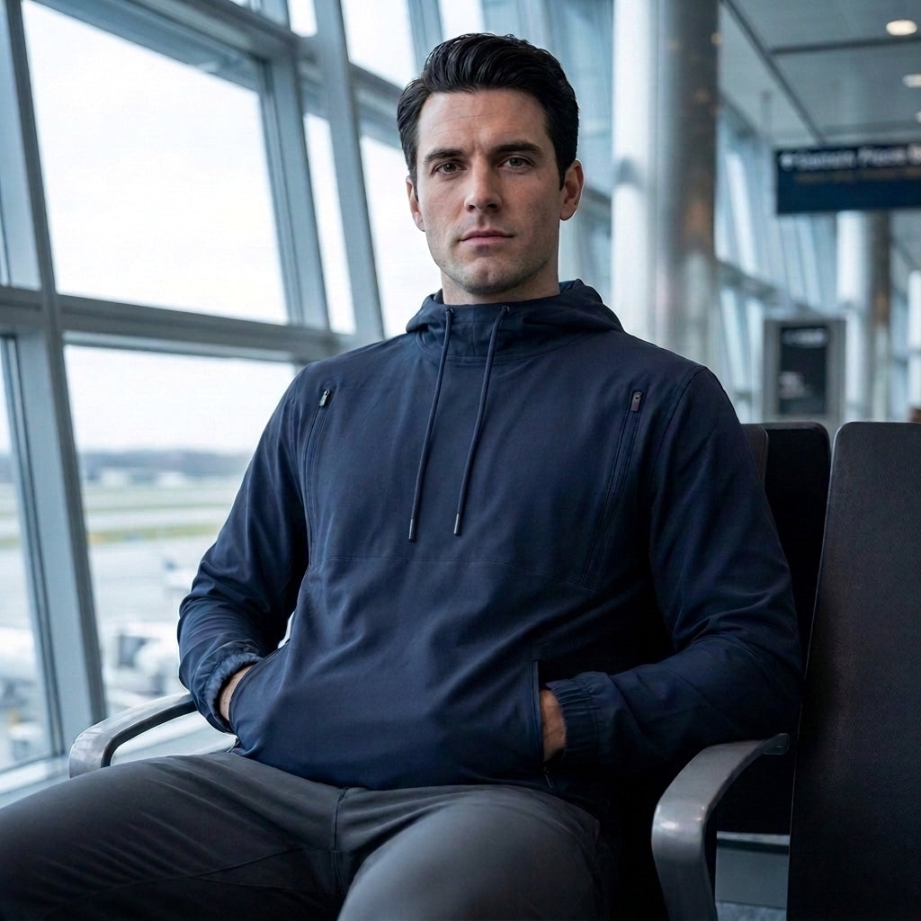 Traveler wearing the navy blue STR-8 Jacket seated in an airport terminal before a flight